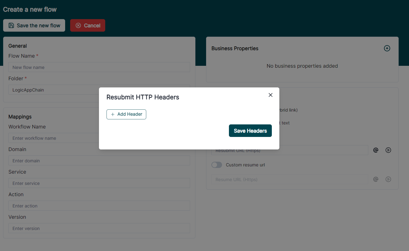Advanced settings headers dialog